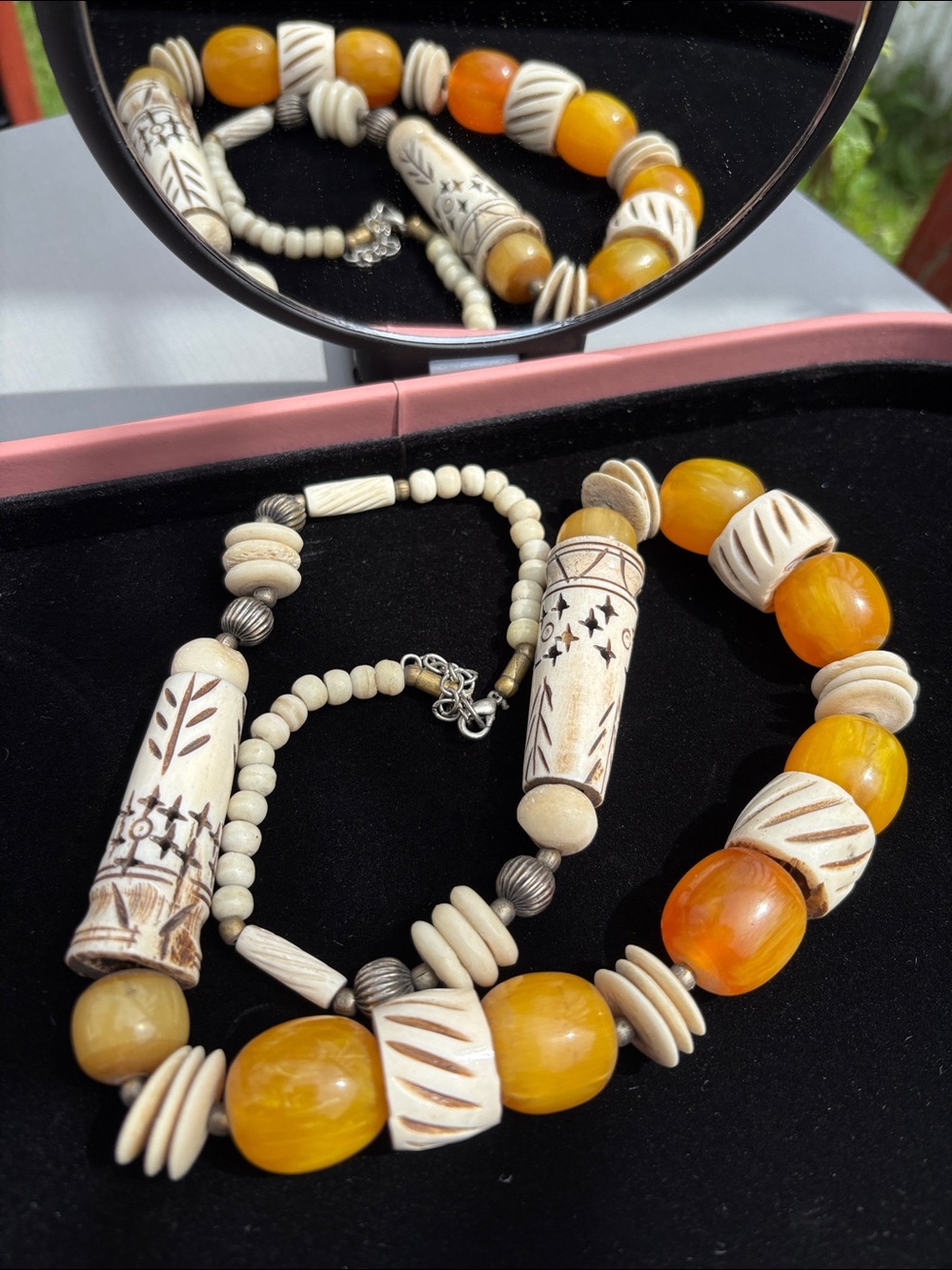 Vintage Hand Carved Ox Bone & Amber Resin Chunky Tribal Statement Necklace #321